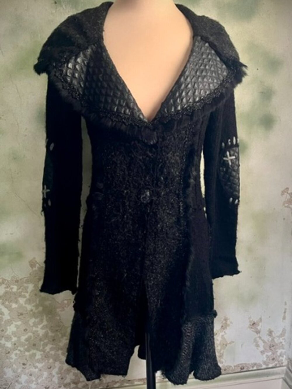 Sioni Black Mixed Media Knit Jacket Coat Faux Leather Detail Size S